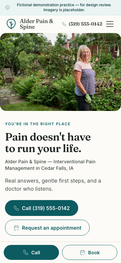 A pain-practice site we build, shown on a phone — where a patient reads the post-visit message.