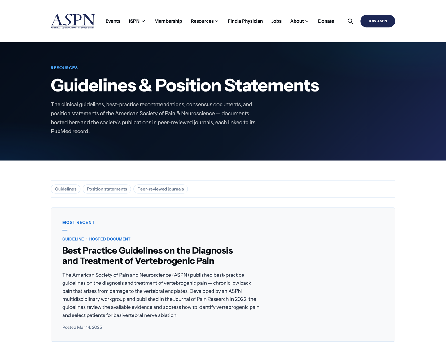 The searchable guidelines and position-statements library we built on aspnpain.com.
